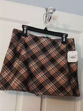 Plaid A-Line Mini Skort in Brown and Tan